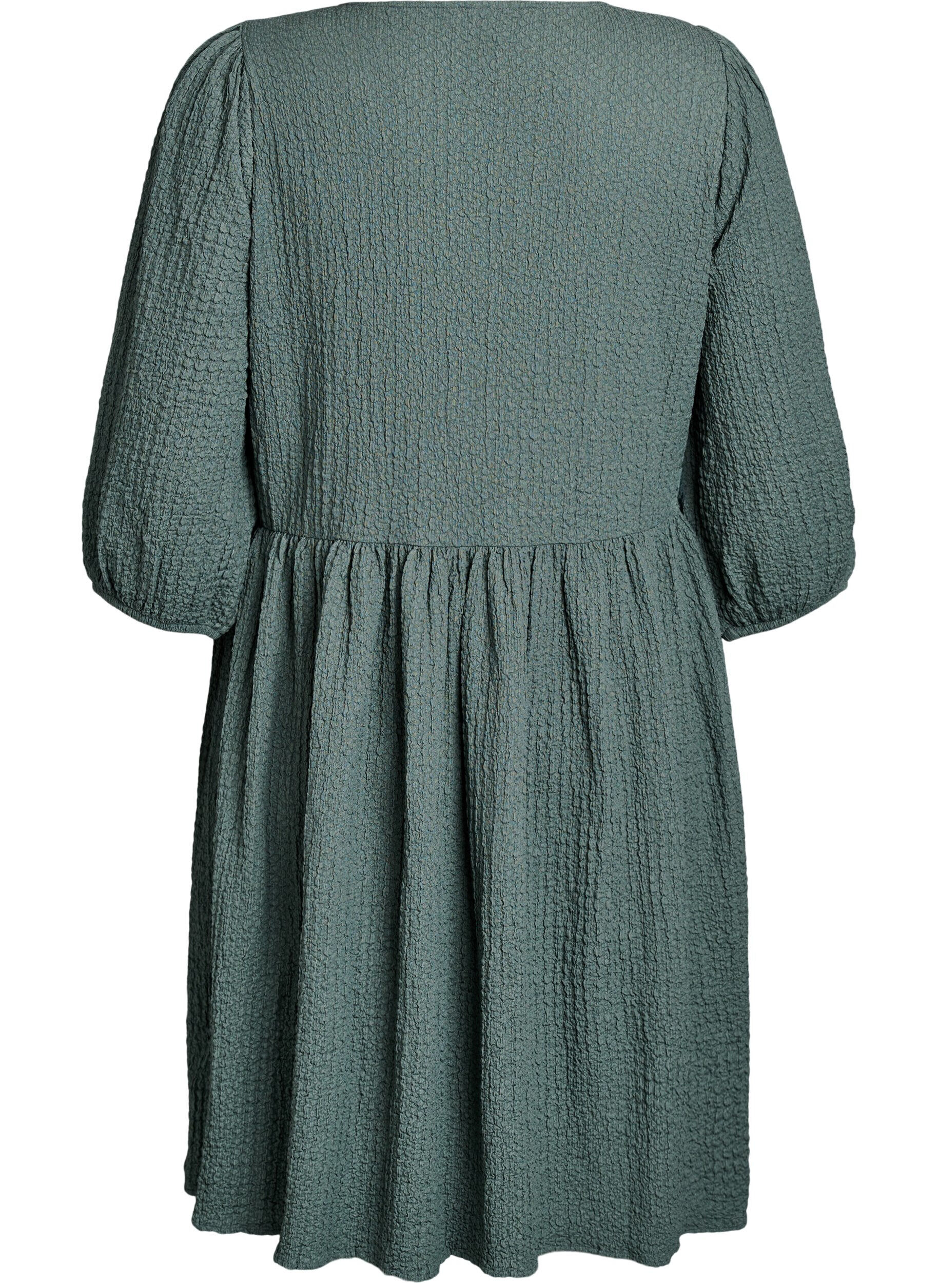 Zizzifashion Short dress with texture and 3/4 sleeves, Green, Packshot image number 1