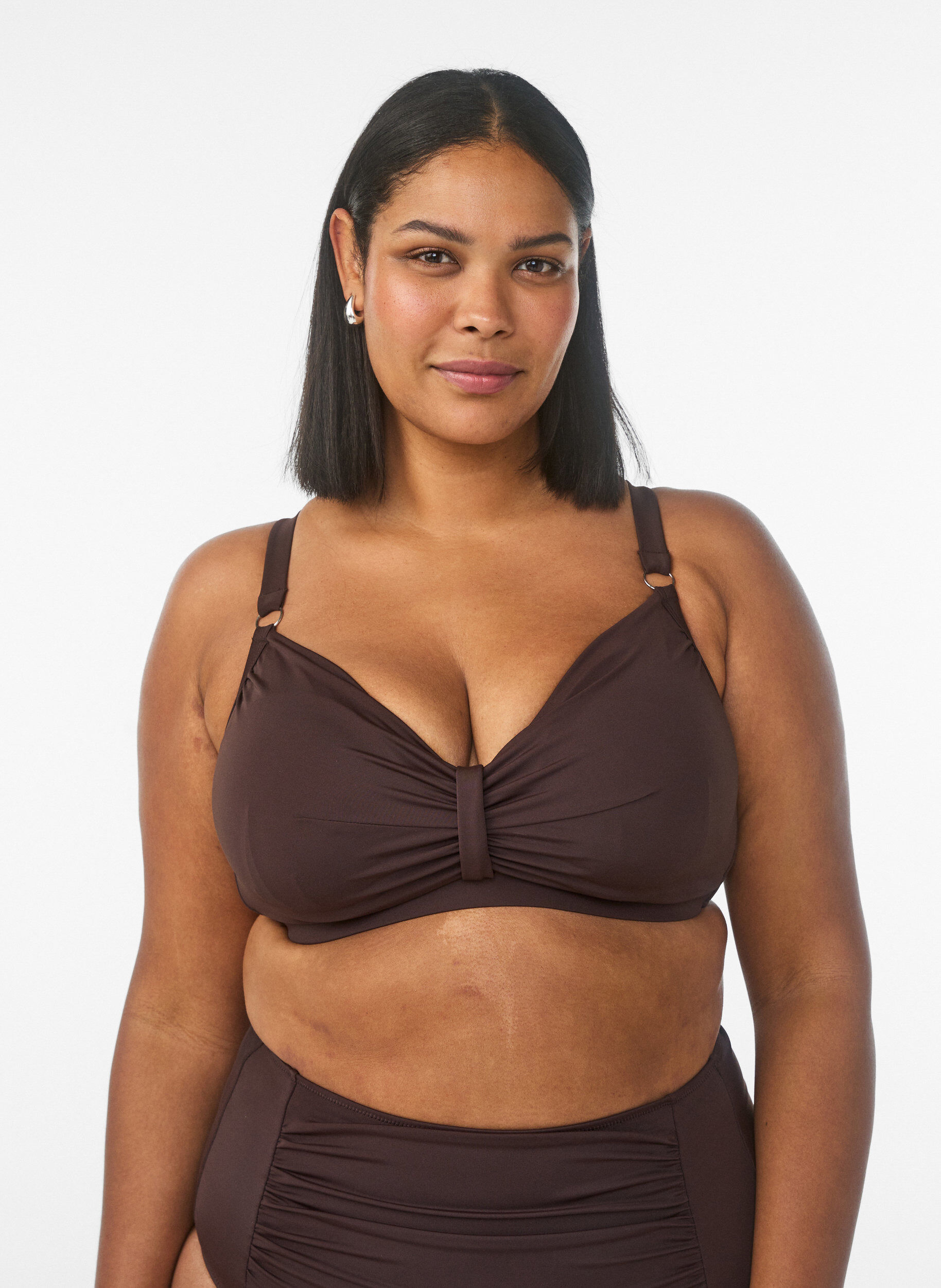 Underwire bikini bra with draping, Brown, Model