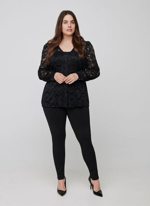 Lace blouse with long puff sleeves, Black, Model image number 2