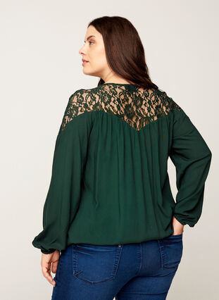 Long-sleeved viscose blouse with lace, Darkest Spruce, Model image number 1