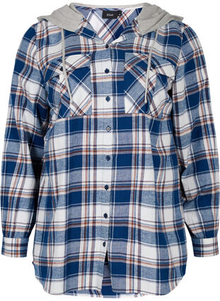 Checked shirt jacket with hood, Blue White Check, Packshot image number 0