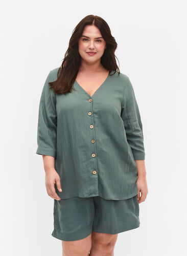 Viscose blouse with buttons and v-neck, Balsam Green, Model image number 0