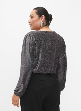 Glitter blouse with puff sleeves, Black Silver, Model image number 1