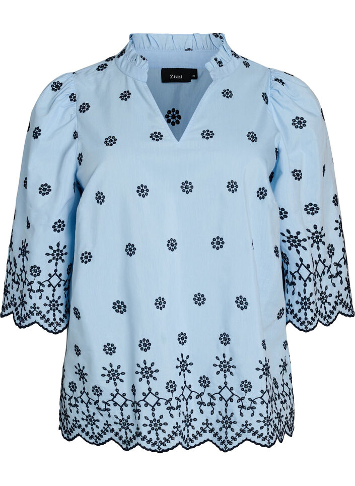 Blouse with 3/4 sleeves and embroidered pattern, Blue, Packshot image number 0