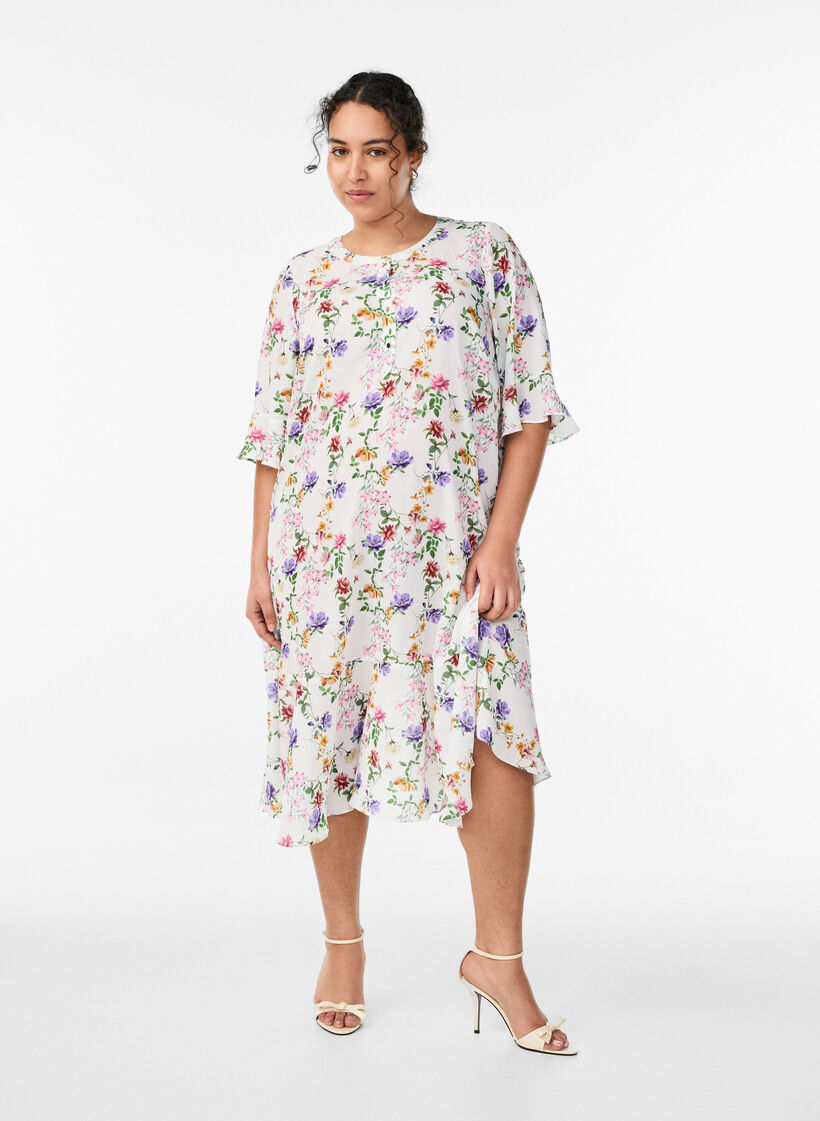 Floral midi dress with 3/4 sleeves, Rose, Model image number 0