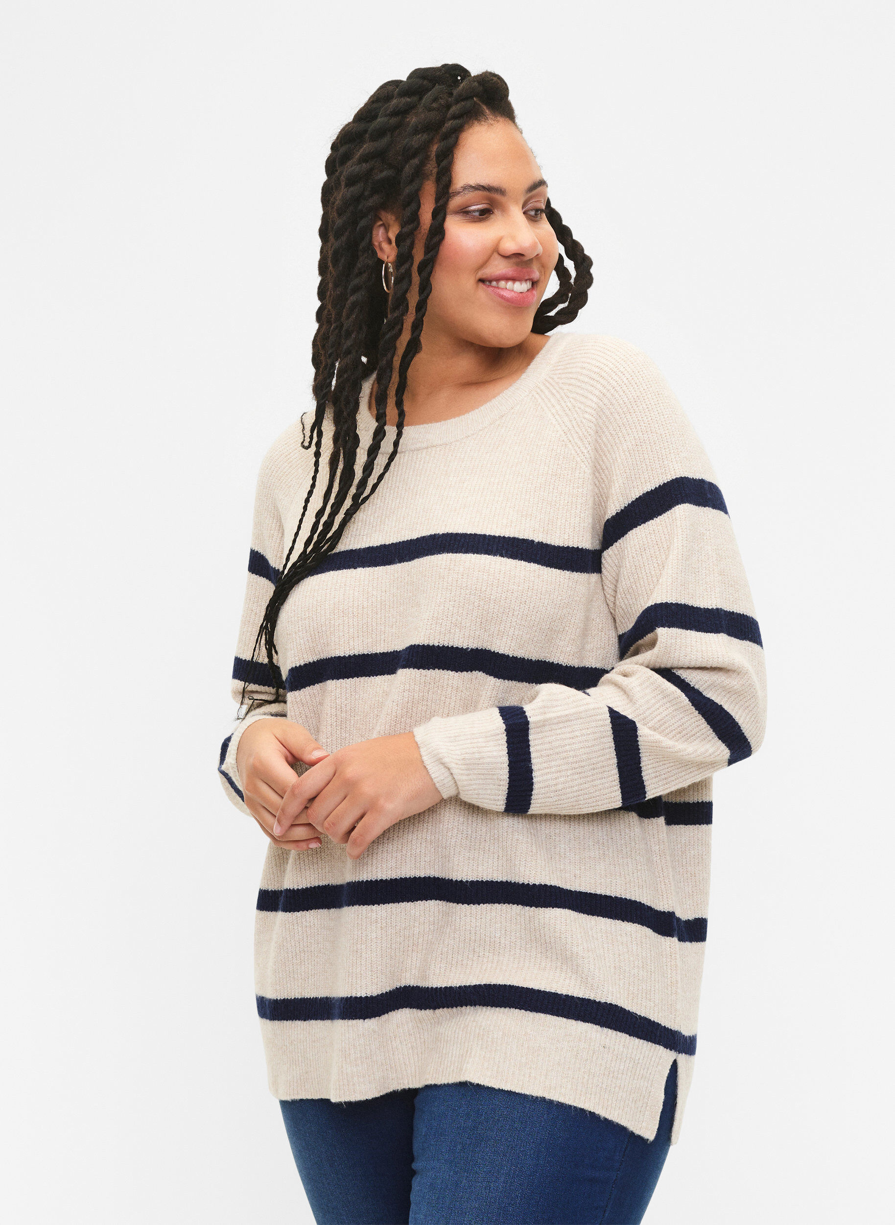 Zizzifashion Rib-knit sweater with stripes, P.Stone/Navy.B.Mel., Model image number 0
