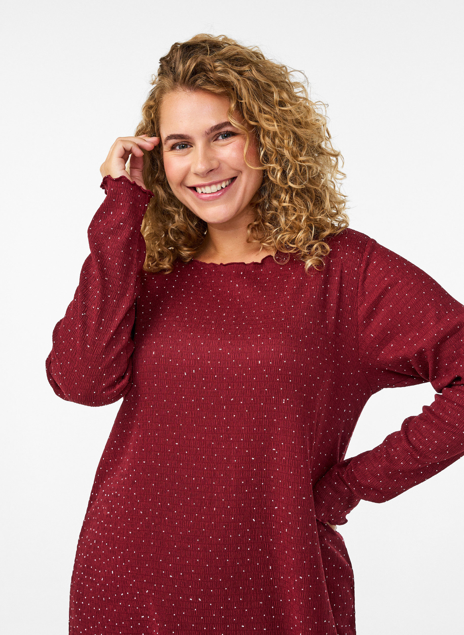 Zizzifashion Dress with rhinestones and scalloped edges, Dark Bordeaux, Model image number 3