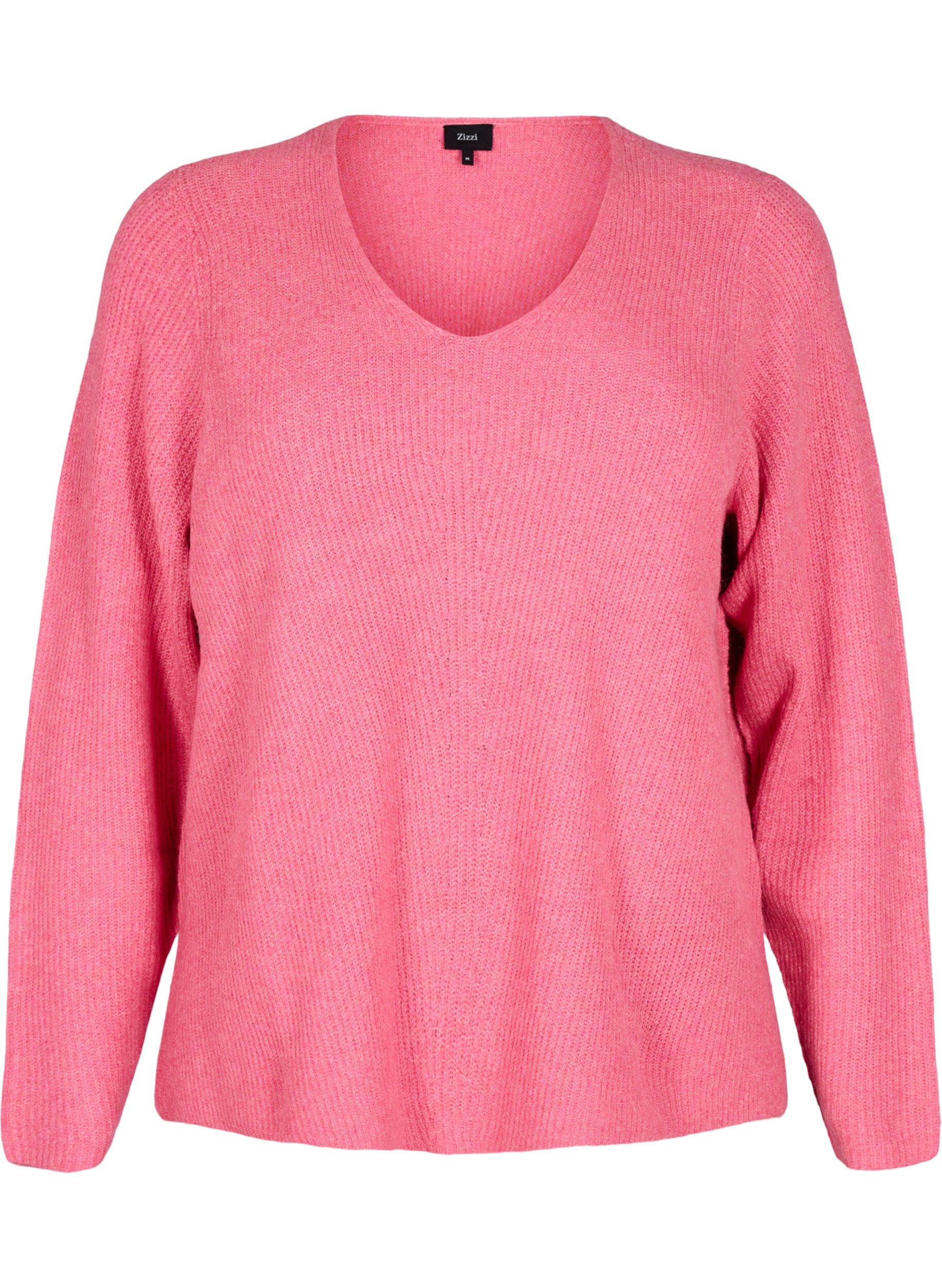 Zizzifashion Knitted blouse with v-neck and long sleeves, Bubblegum Wh. Mel., Packshot image number 0