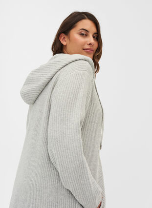 Long, hooded knit cardigan with zip, Light Grey Melange, Model image number 2