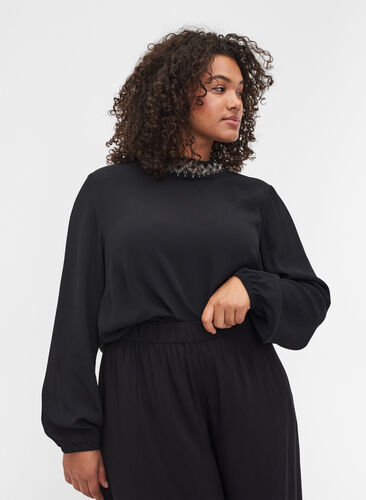 Long-sleeved, beaded viscose blouse, Black, Model image number 0