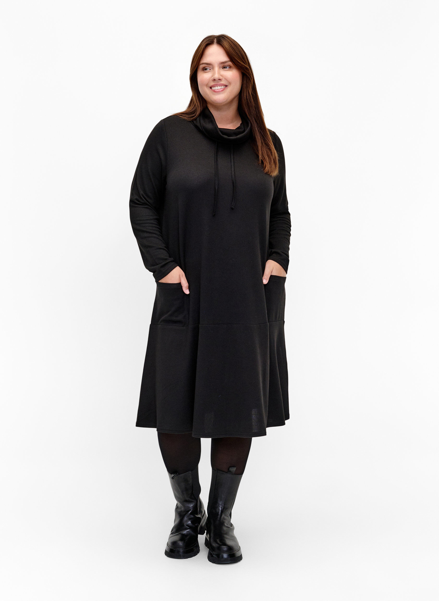 Zizzifashion Jersey dress with high neck and pockets, Black, Model image number 1
