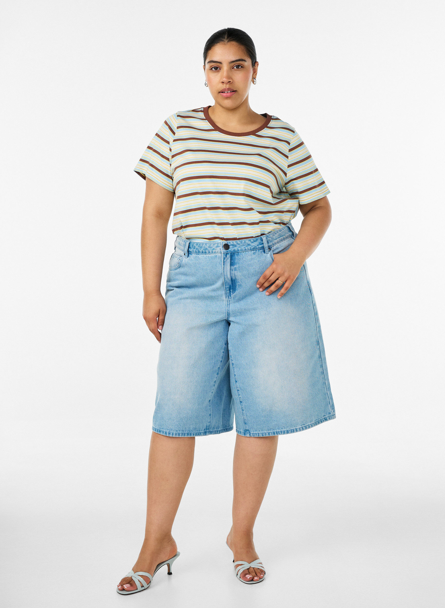 Zizzifashion Striped organic cotton T-shirt, Brown, Model image number 1