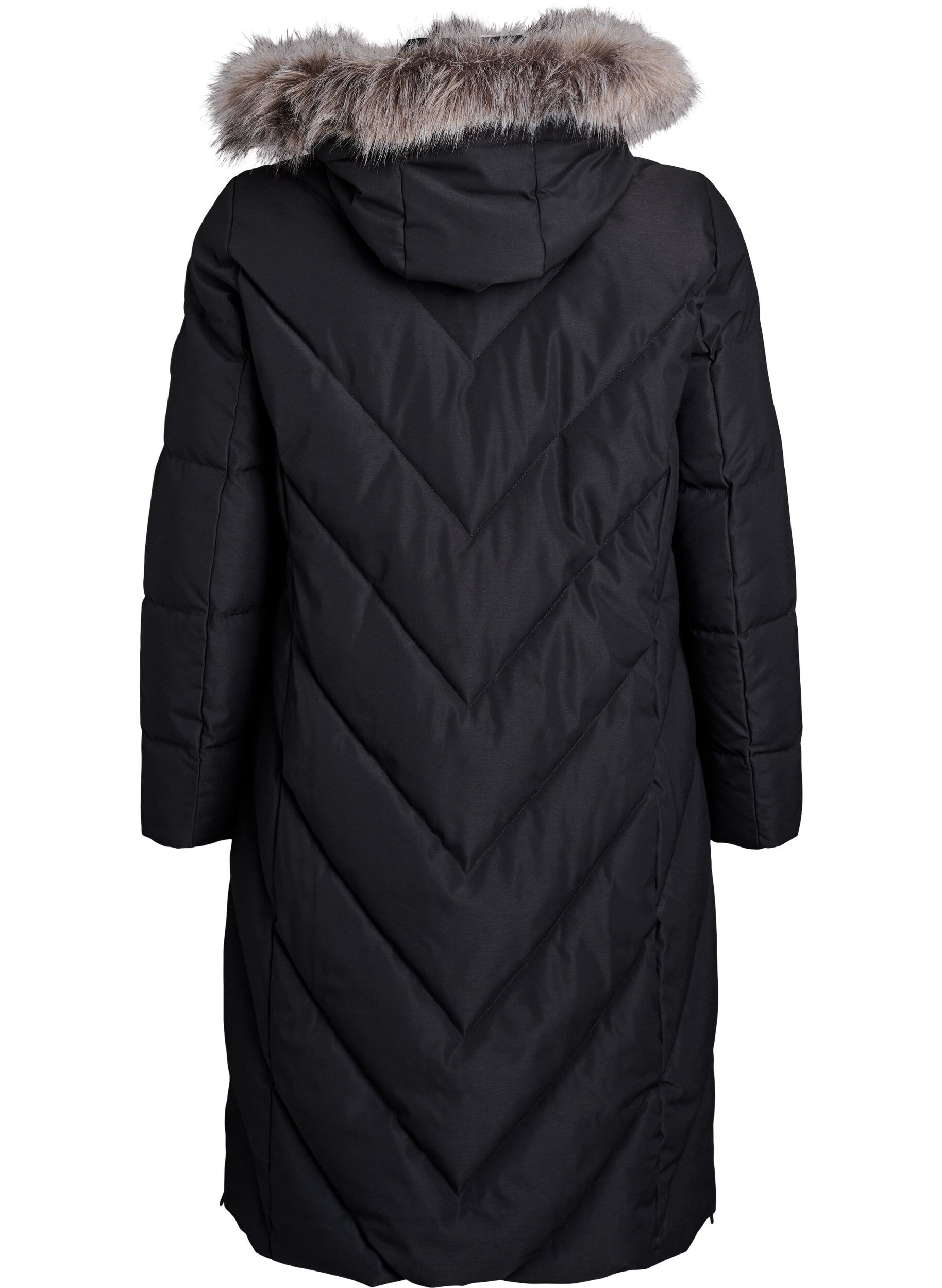 ZizzifashionLong winter coat with hook fastenings and a faux fur collar, Black, Packshot image number 1
