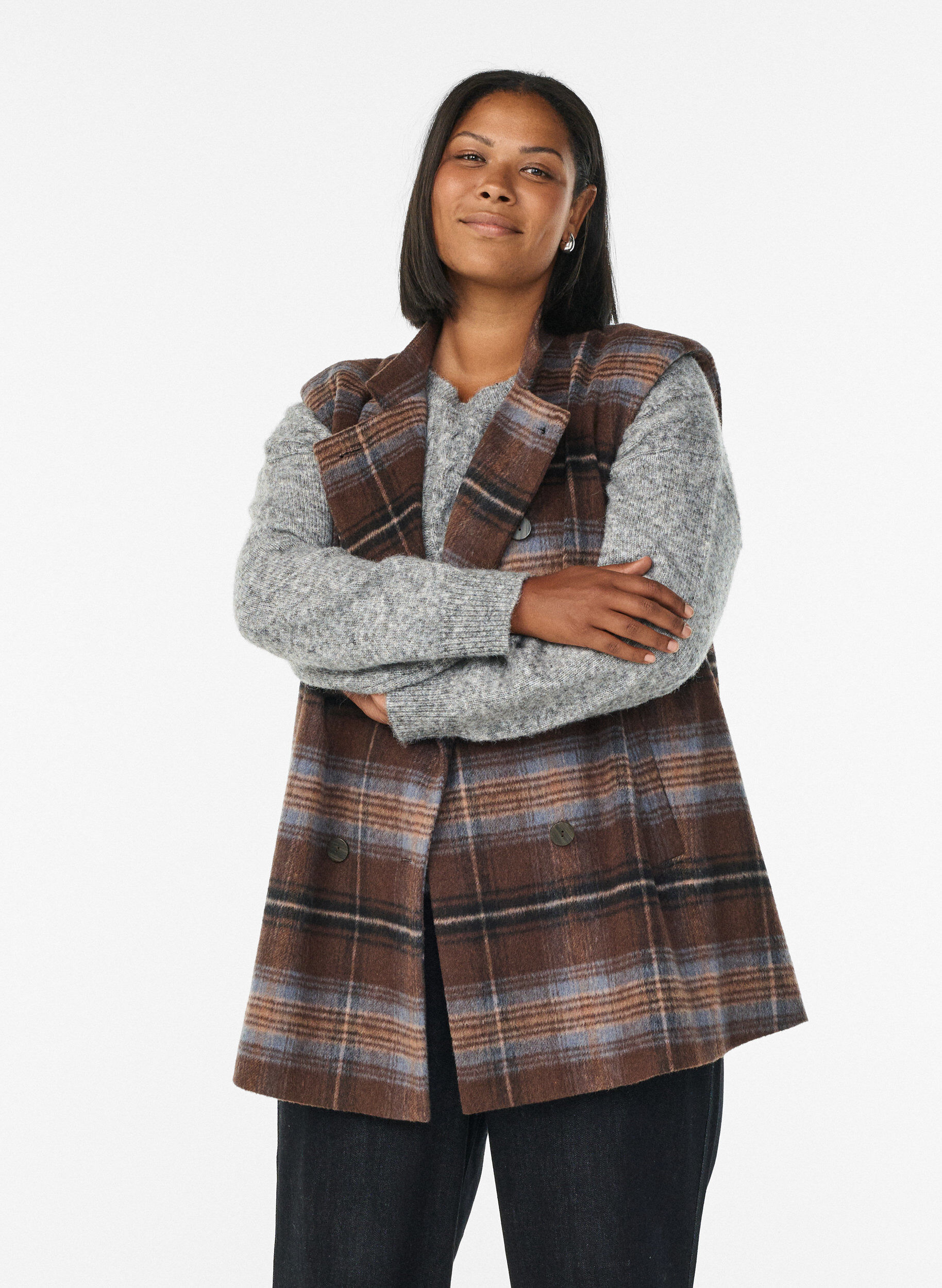 Long checked vest, Brown, Model