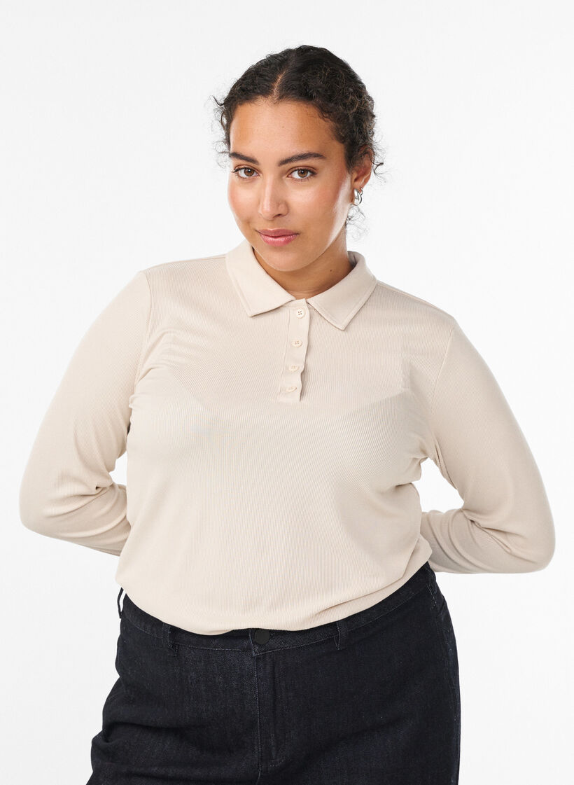 Polo shirt in soft rib with long sleeves, Beige, Model image number 0