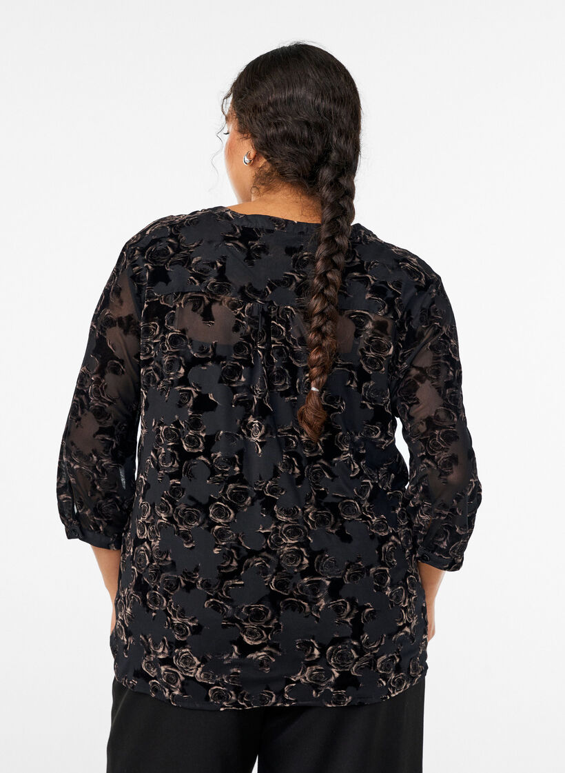 Mesh blouse with velour roses and 3/4 sleeves, Black, Model image number 2