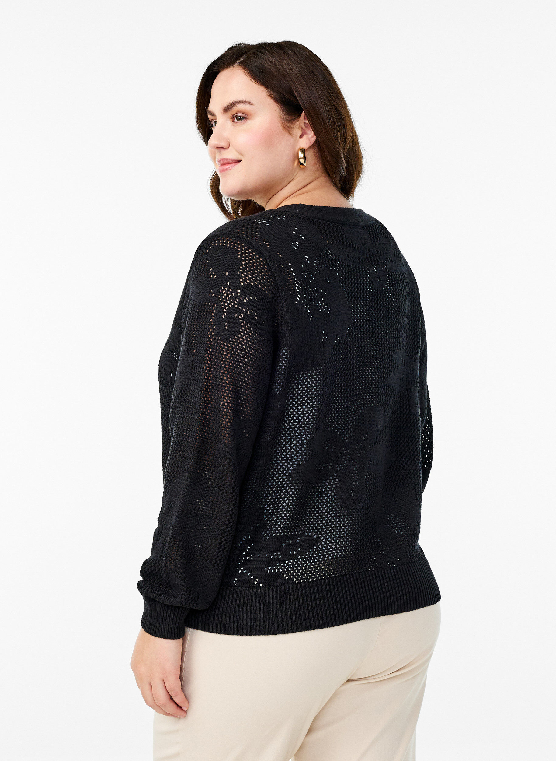Zizzifashion Knitted cardigan with openwork pattern and tie strings, Black, Model image number 1