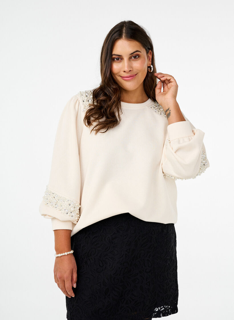 Sweatshirt with pearl details, Buttercream, Model image number 0