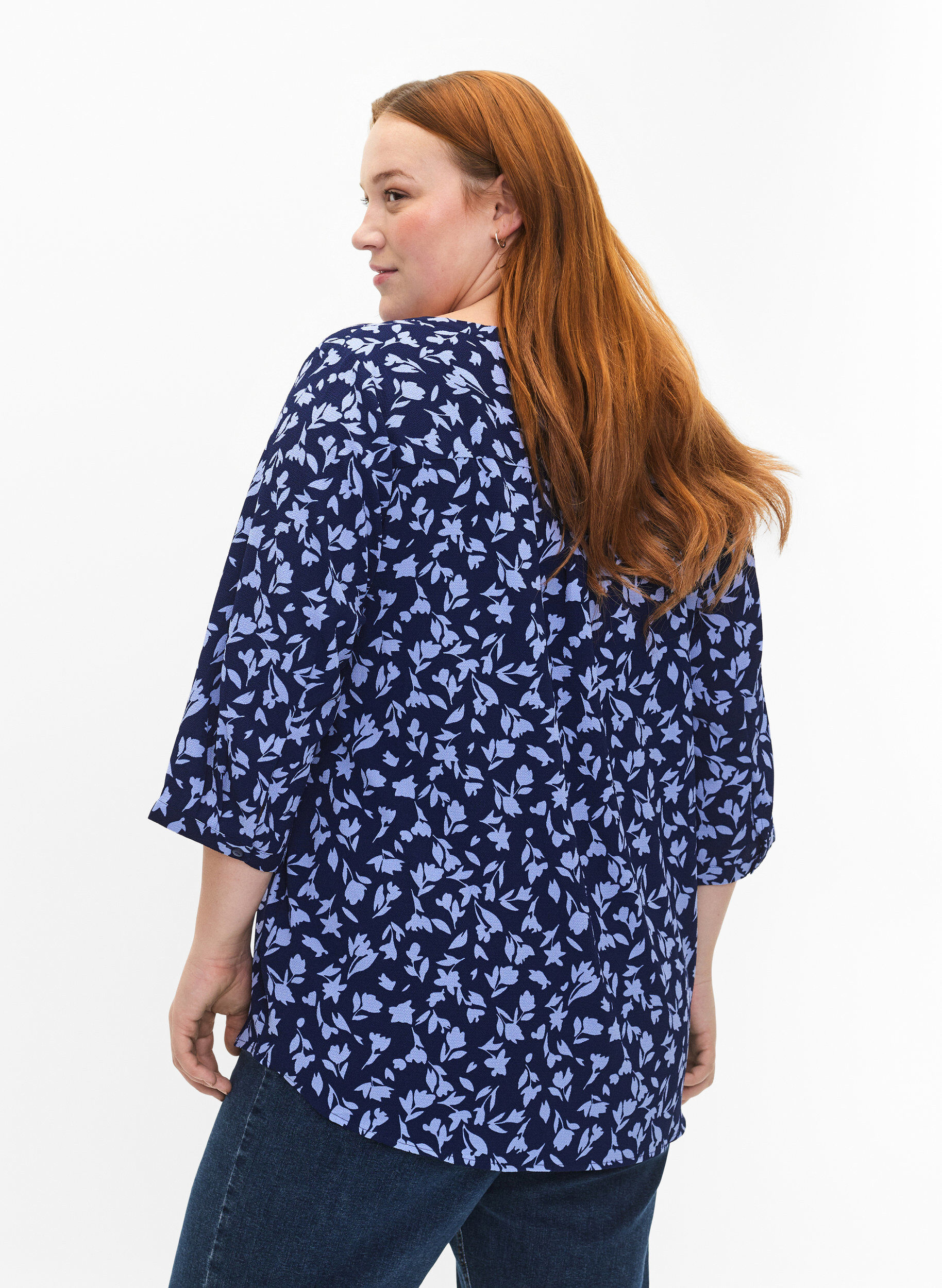 Zizzifashion Floral blouse with 3/4 sleeves, M. Blue Flower AOP, Model image number 1