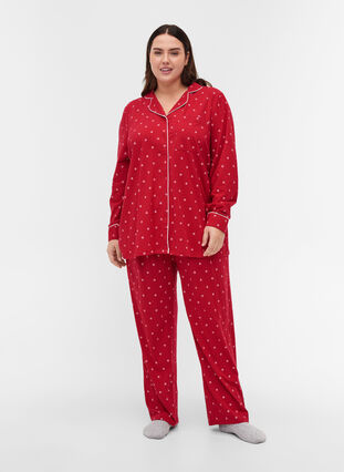 Printed cotton pyjama top, Tango Red AOP, Model image number 2