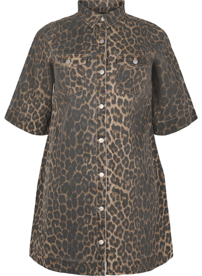 Short-sleeved denim dress with leopard print, LEO AOP, Packshot image number 0