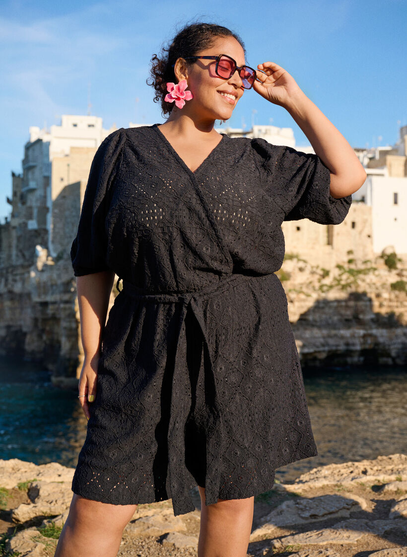 Playsuit with short sleeves and tie, Black, Image image number 0