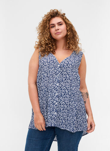 Printed viscose top with buttons, Petit  Blue Flower, Model image number 0