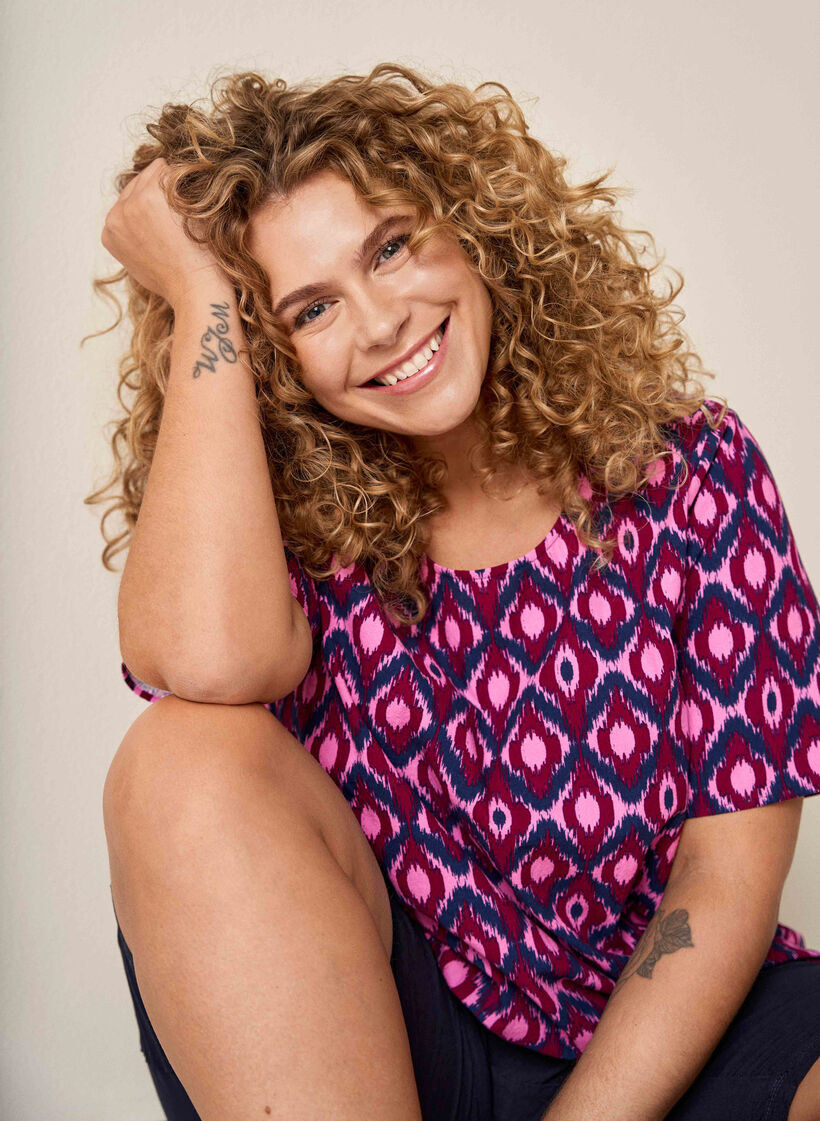 Cotton blouse with print and short sleeves, Pink, Image image number 0