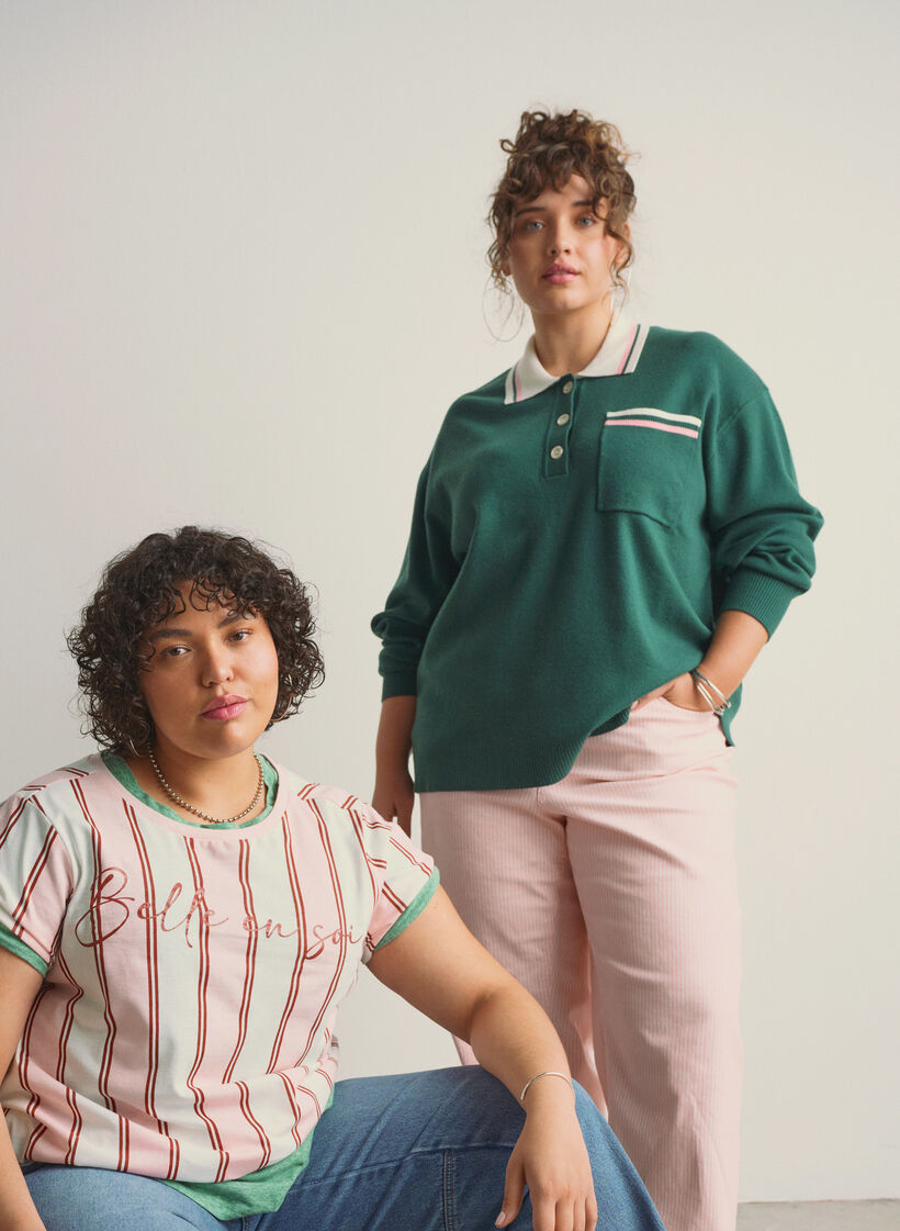 Knit blouse with polo collar and contrast stripes, Green, Image image number 0