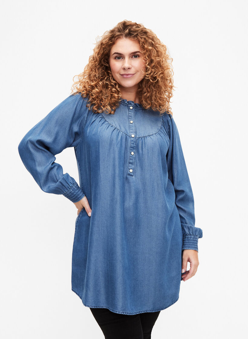 Long sleeve tunic with TENCEL™ Lyocell, Medium Blue denim, Model image number 0