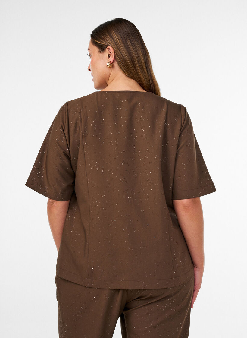 Blouse with glitter and V-neck, Brown, Model image number 2