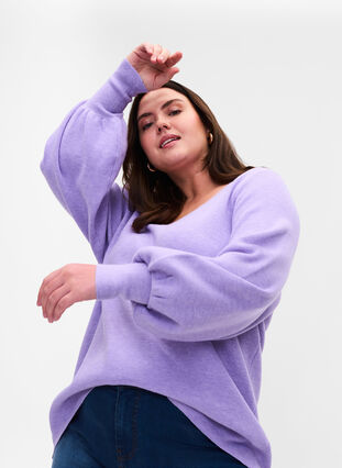 Knitted blouse with v-neck and puff sleeves, Purple Rose Mel, Model image number 2