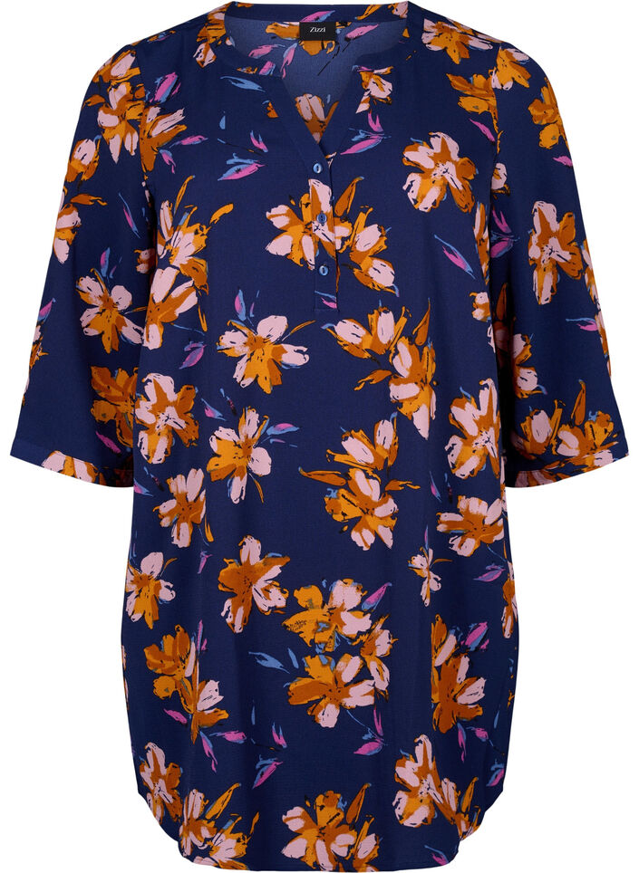 Floral tunic with 3/4 sleeves, Peacoat Flower AOP, Packshot image number 0