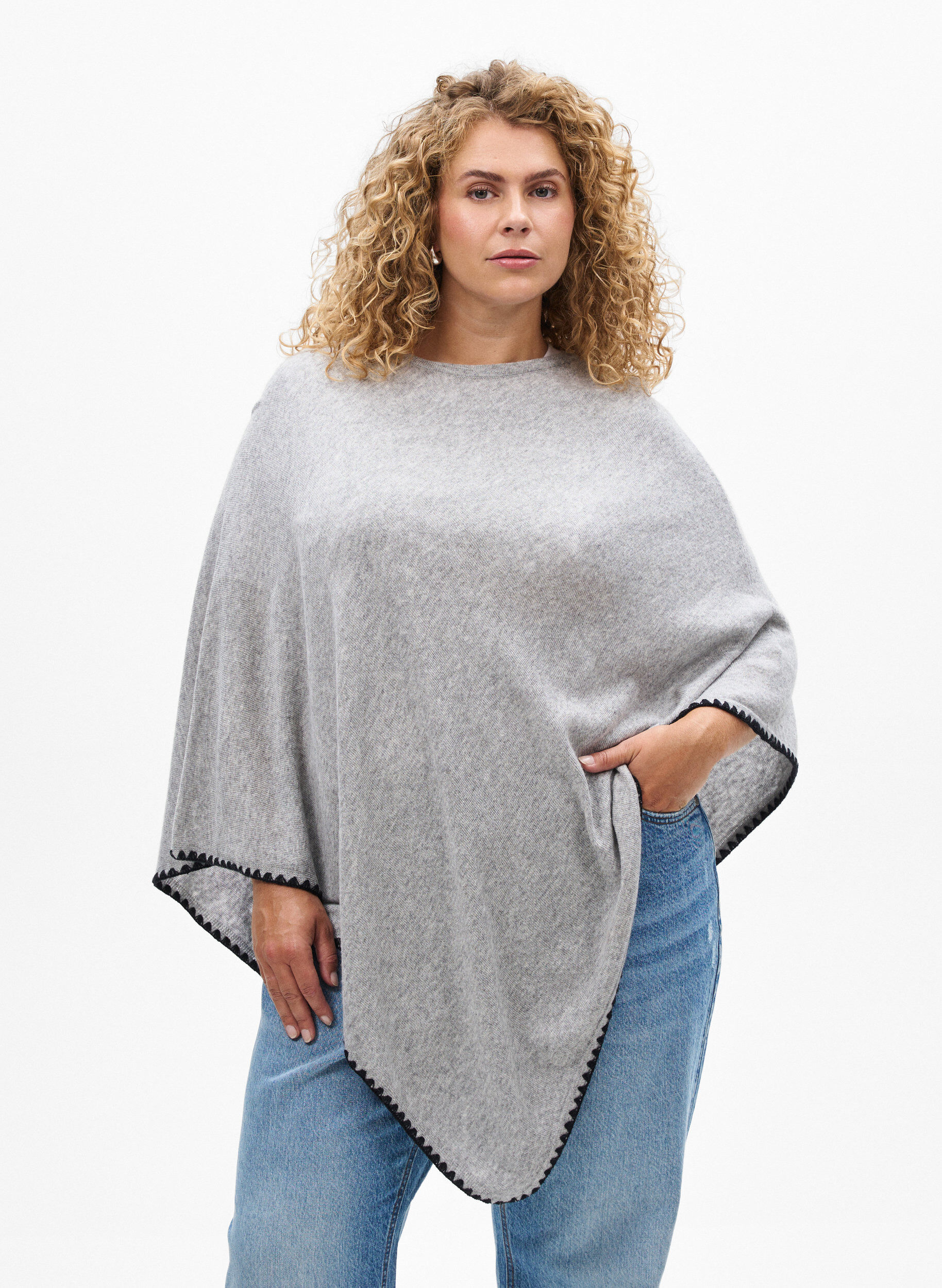 Zizzifashion Fine-knit poncho, Grey, Model image number 0