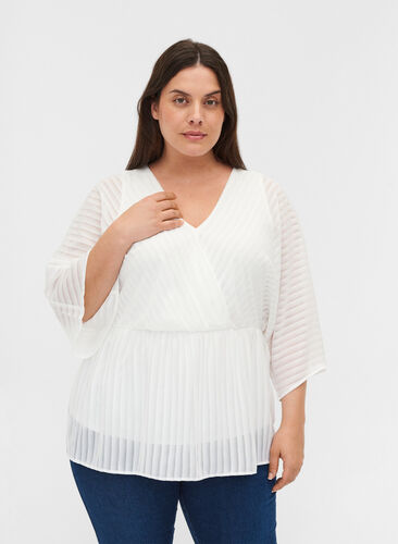 Blouse with 3/4 sleeves and a V-neckline, White, Model image number 0