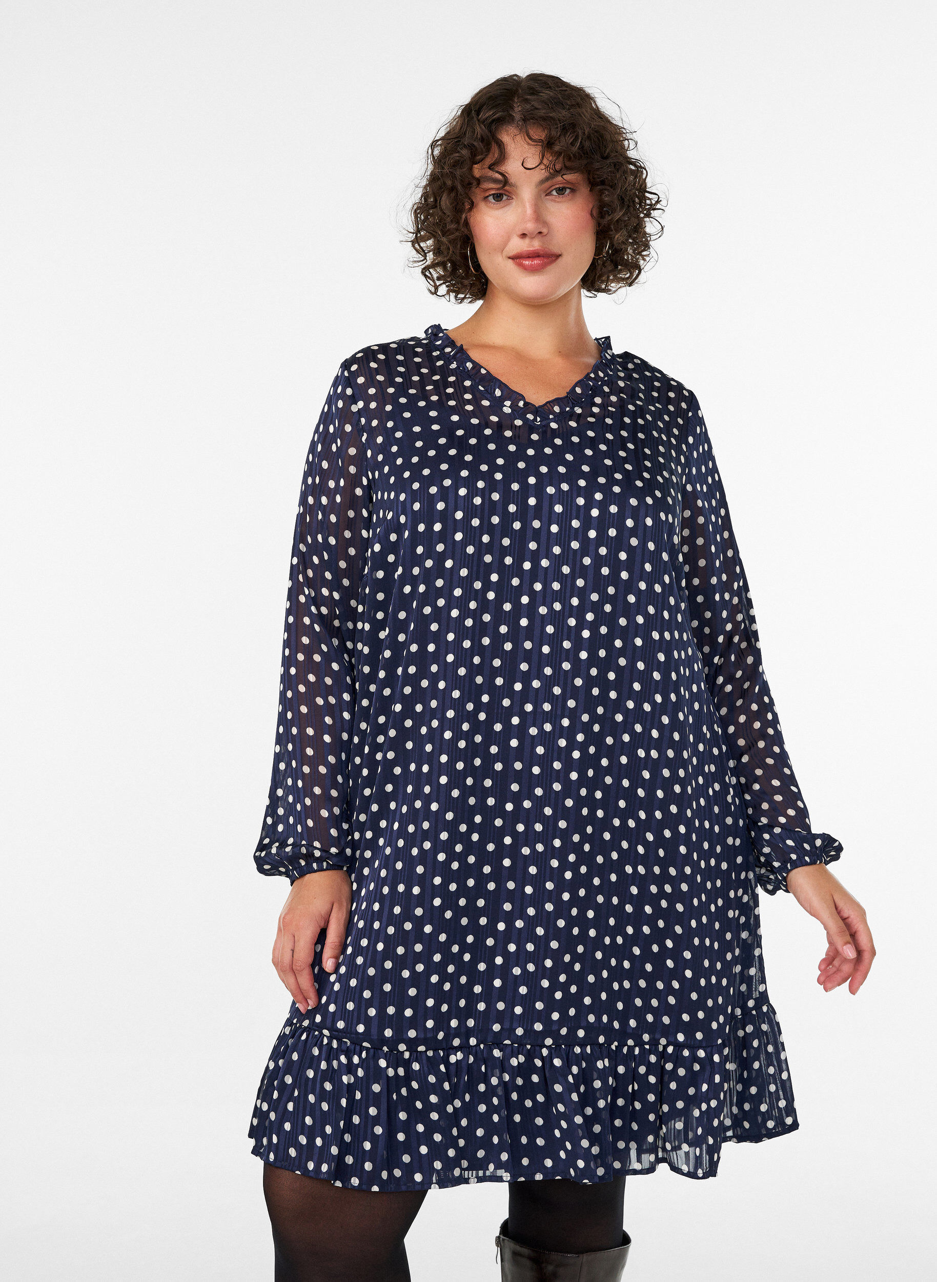 ZizzifashionPatterned dress with ruffles and long sleeves, Blue, Model image number 0