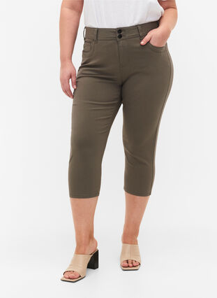 Close-fitting capri trousers in viscose mix, Dusty Olive, Model image number 2
