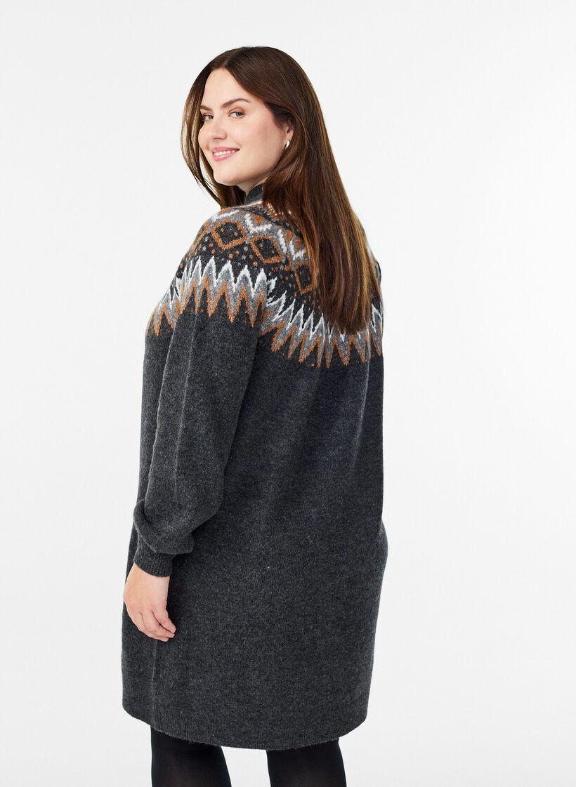 Knitted dress with jacquard pattern and balloon sleeves, Dark Grey, Model image number 2