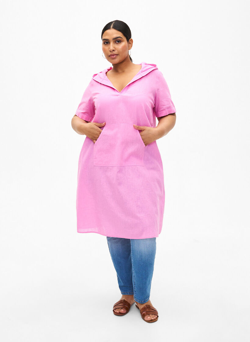 Cotton blend hooded dress with linen, Rosebloom, Model image number 2
