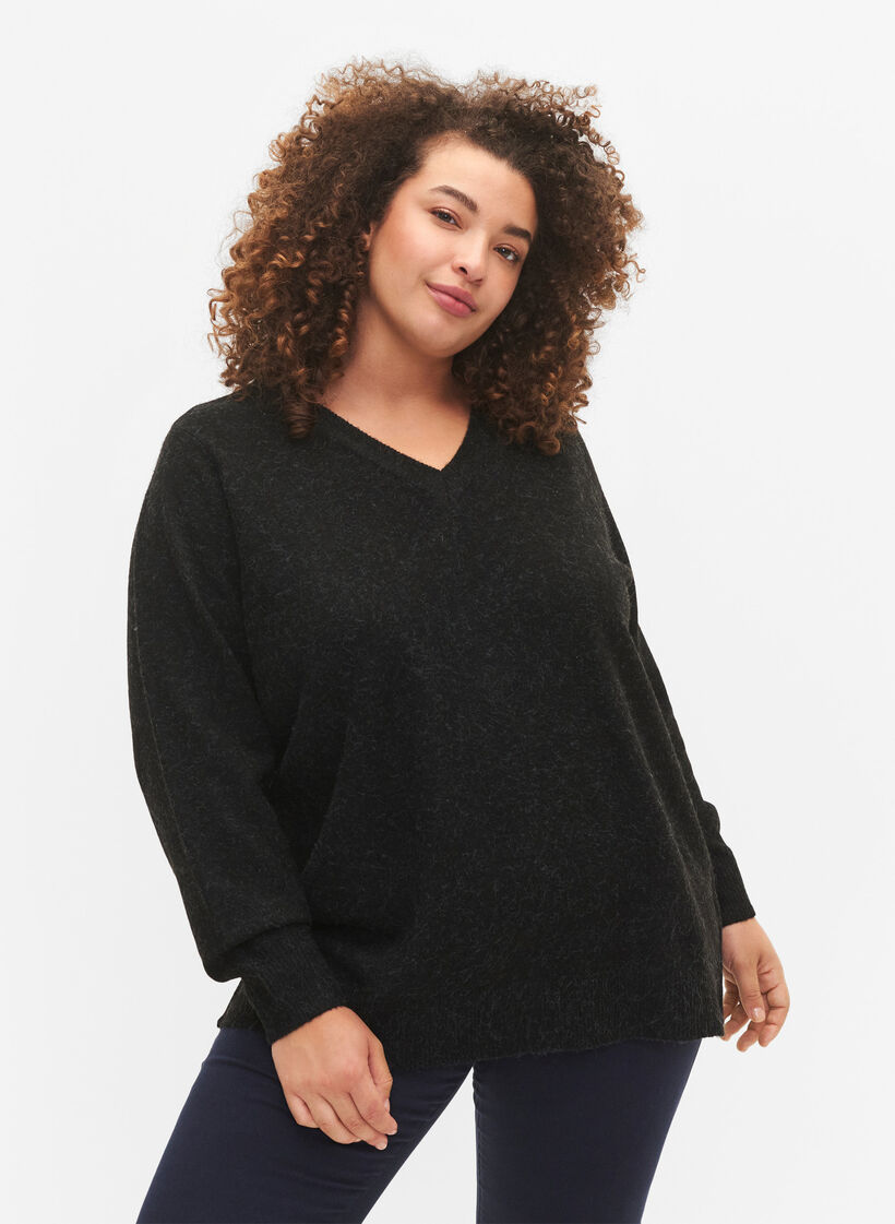Melange v-neck pullover, Dark Grey Melange, Model image number 0