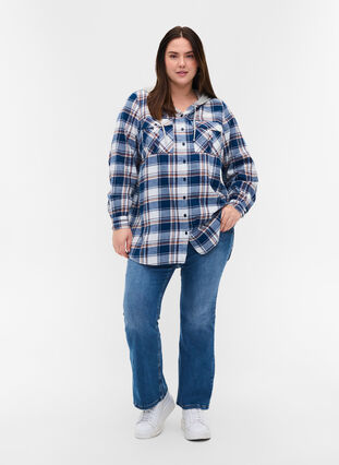Checked shirt jacket with hood, Blue White Check, Model image number 2