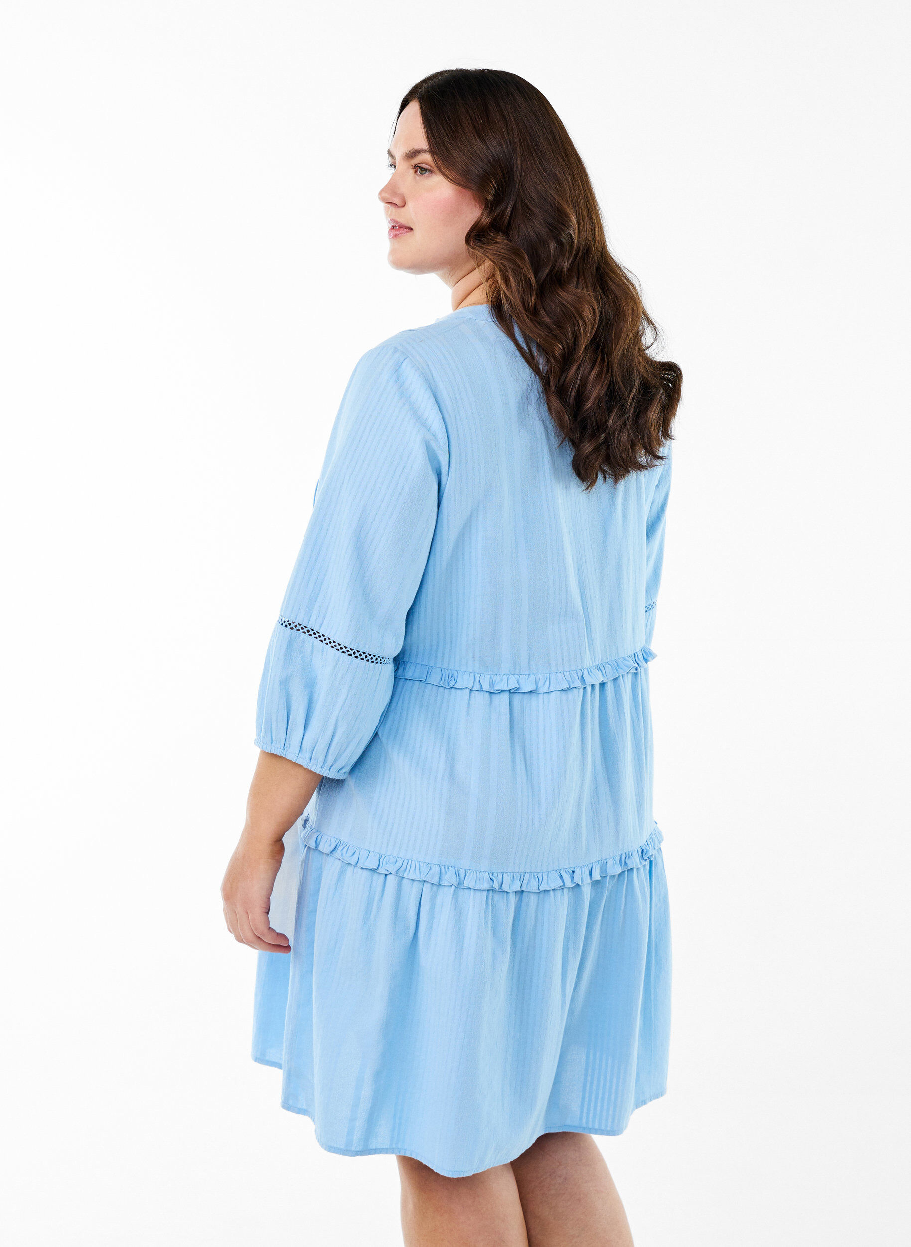 Zizzifashion 3/4 sleeve cotton dress with ruffles, Light Blue, Model image number 2
