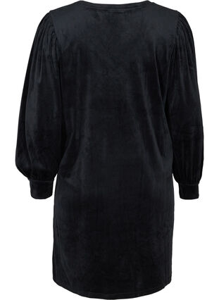 Velour dress with long puff sleeves, Black, Packshot image number 1