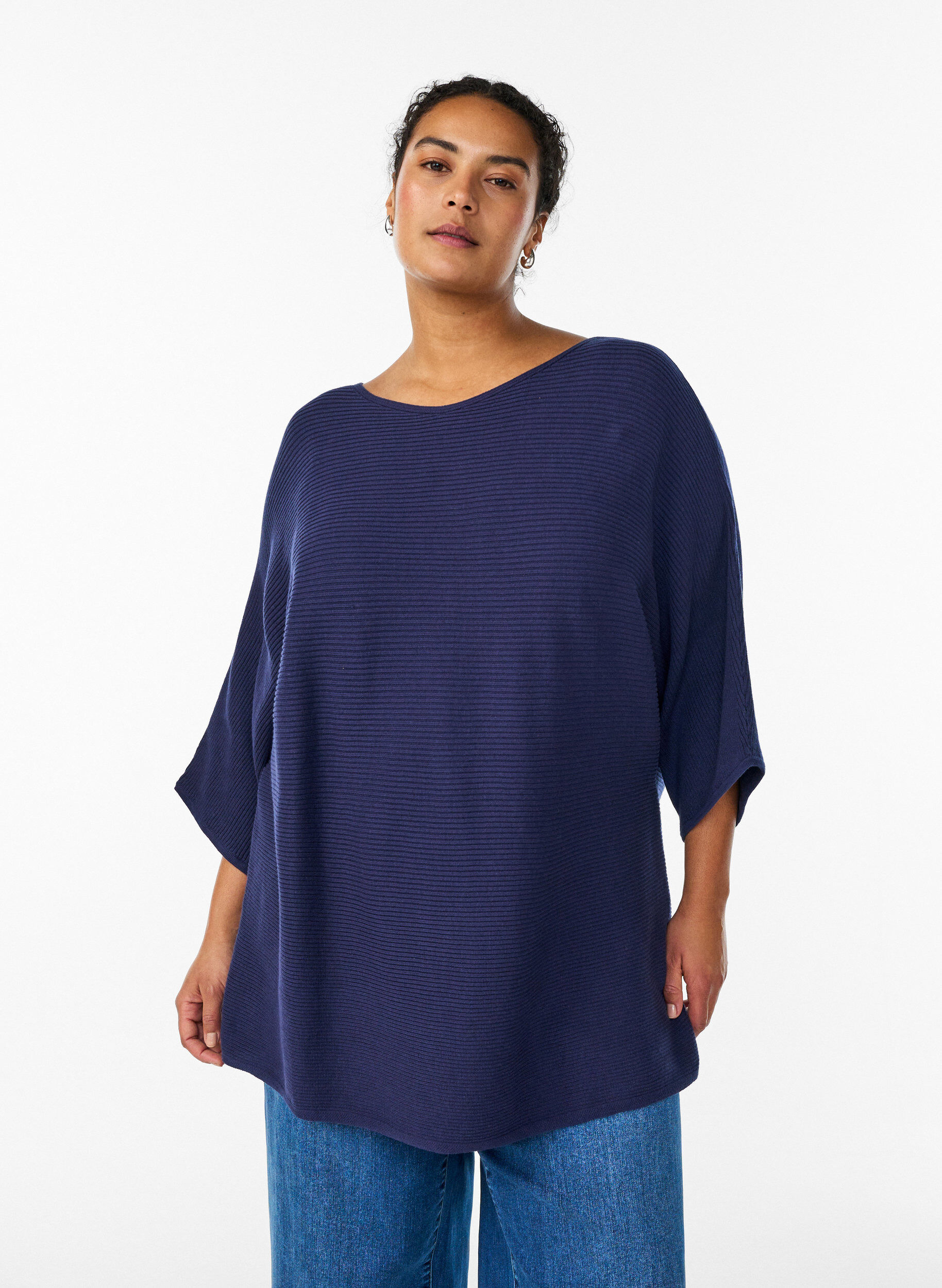 Zizzifashion Knitted top with a boat neck and 1/2 sleeves, Blue, Model image number 0