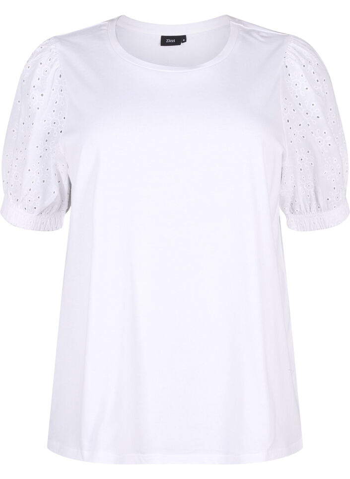 Organic cotton blouse with broderie anglaise sleeves, Bright White, Packshot image number 0