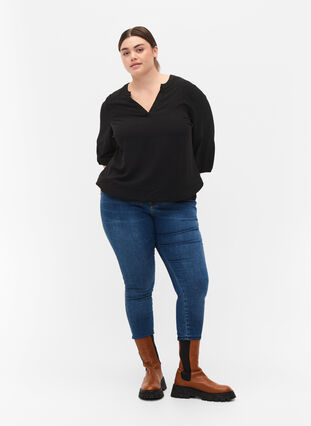 Blouse with smock and 3/4 sleeves, Black, Model image number 2