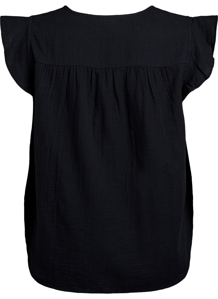 Sleeveless top in cotton muslin with ruffles, Black, Packshot image number 1