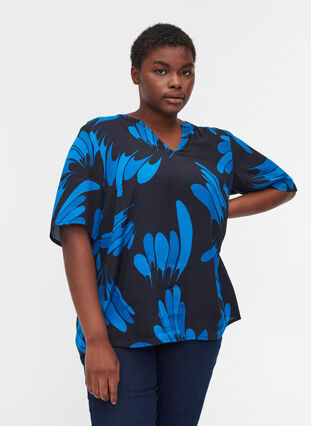 Printed viscose blouse with v-neckline, Dark Blue AOP, Model image number 0