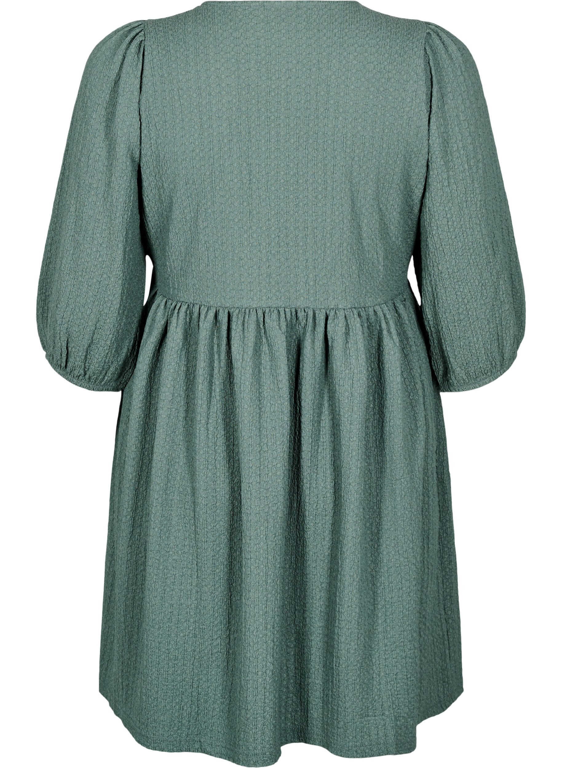 Zizzifashion FLASH - Short dress with texture and 3/4 sleeves, Balsam Green, Packshot image number 1