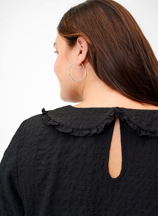 Checked blouse with 3/4 sleeves and ruffled collar, Black, Model image number 2